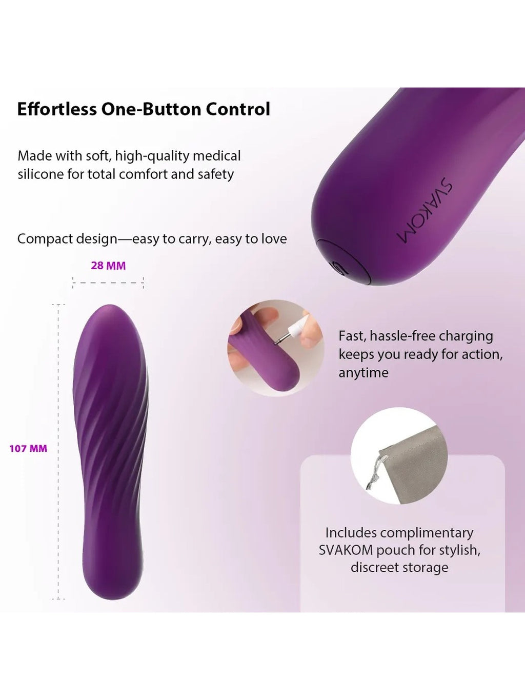 Mini vibrador de silicone com relevos, 10 modos – Lilás · SVAKOM Tulip (foto 6)