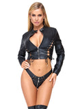 Conjunto de casaco curto e tanga em efeito pele com atacadores – Preto · Cottelli PARTY