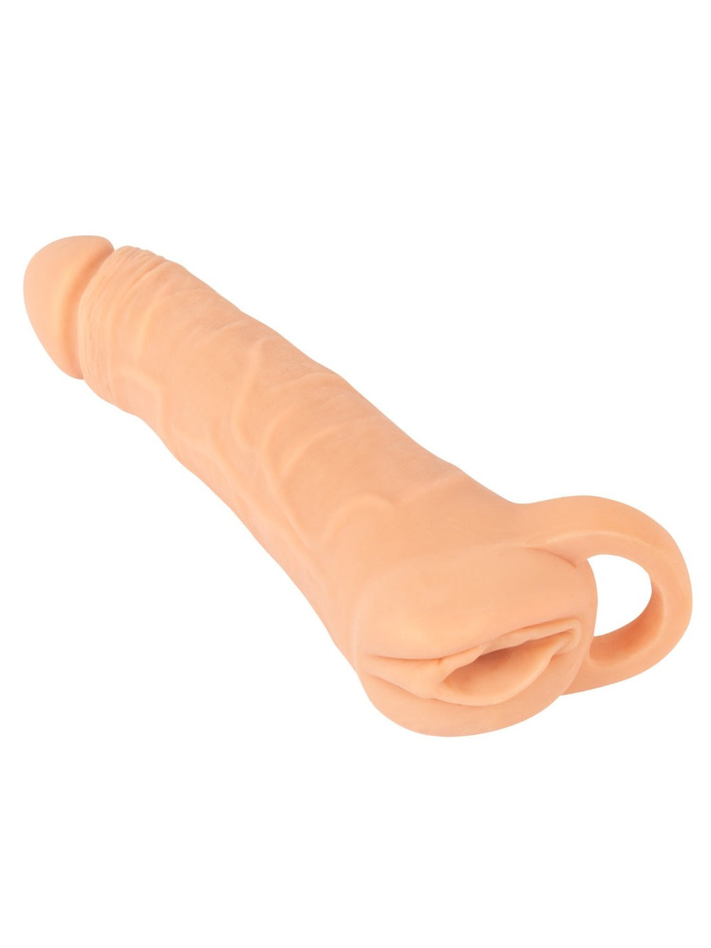 Bainha de extensão e masturbador 2 em 1 com anel testicular, 23,8 cm – Pele clara · Nature Skin