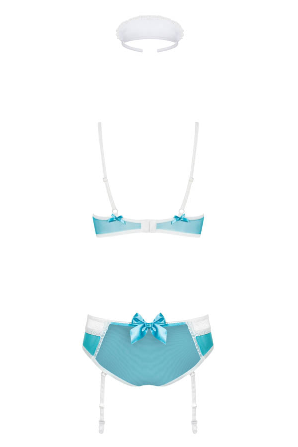 Fantasia de enfermeira, 3 peças – Azul · Larissa: as três peças, touca, soutien e cuecas com tiras de ligas