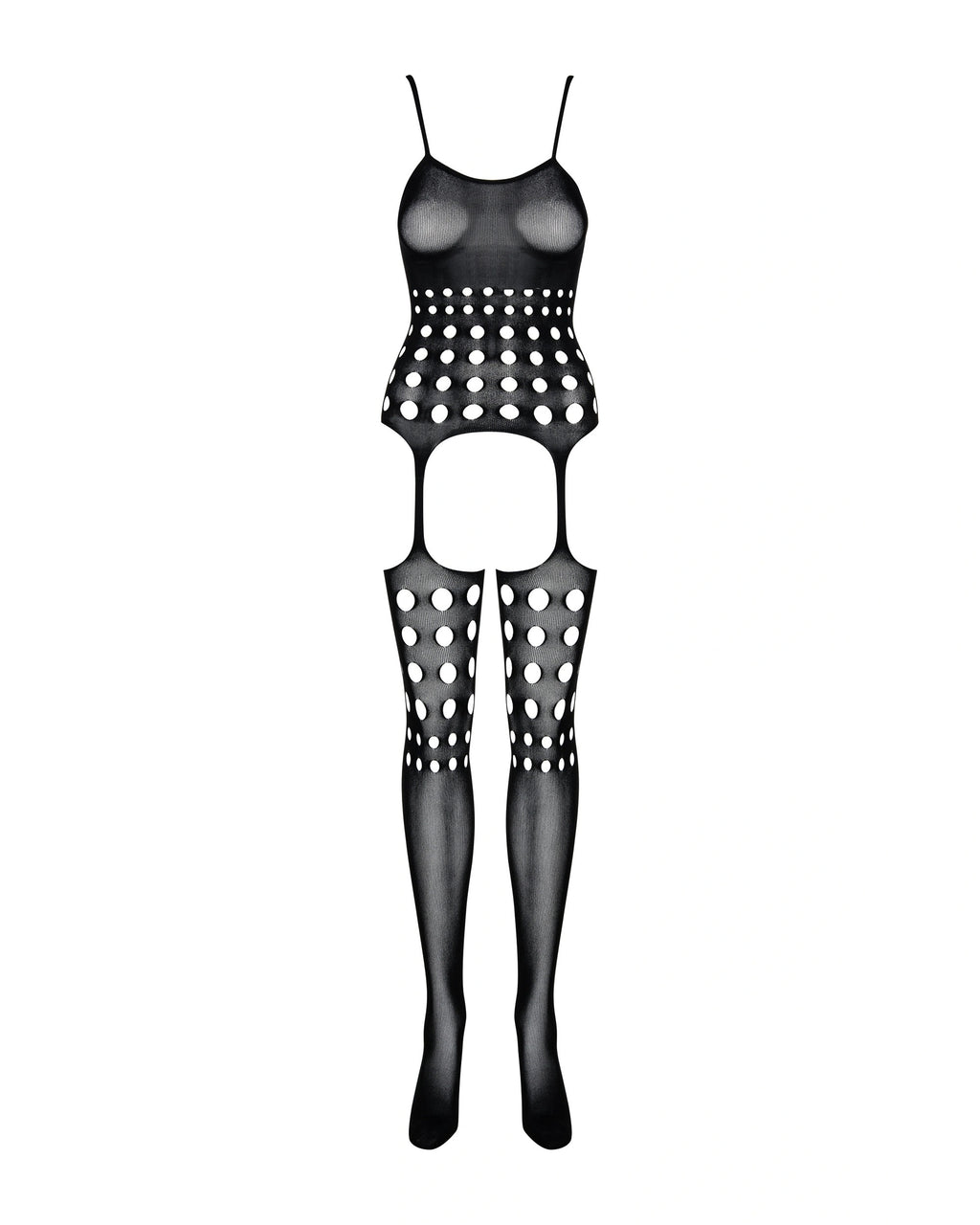 Bodystocking Obsessive G310 – desenho da peça vista de FRENTE, esticada: buracos a aumentar do peito para as ancas