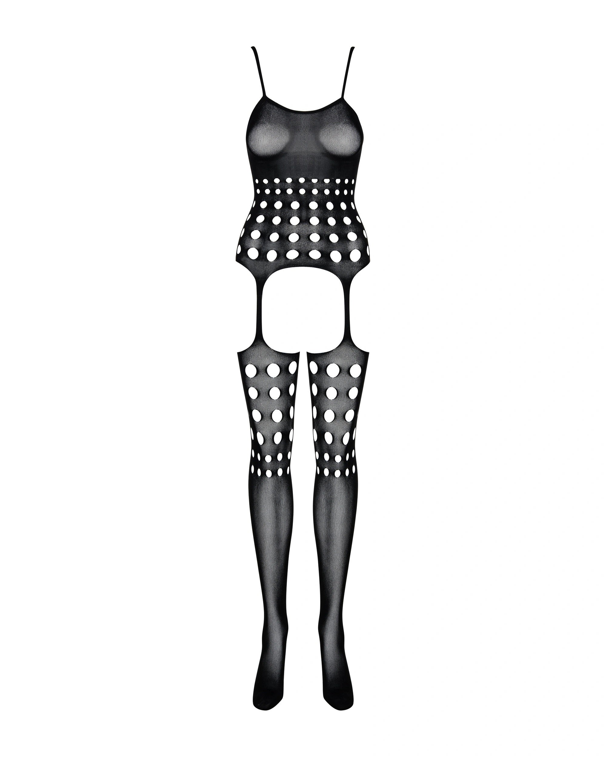 Bodystocking Obsessive G310 – desenho da peça vista de FRENTE, esticada: buracos a aumentar do peito para as ancas