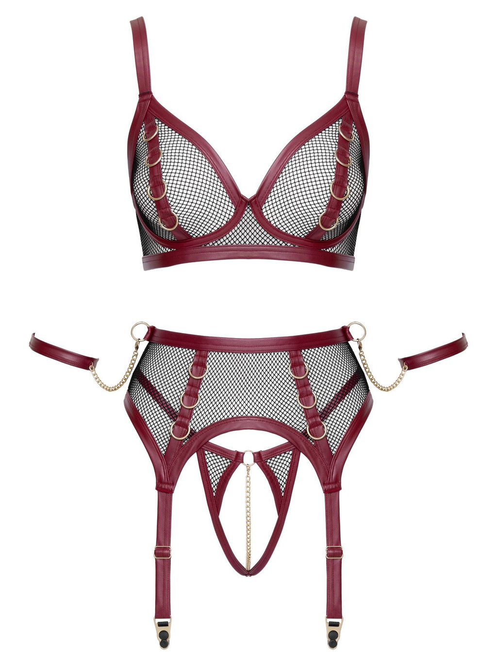 Soutien de rede, cinto de ligas e tanga de virilha aberta com corrente, com algemas, 3 peças – Vermelho escuro e preto · Cottelli BONDAGE (foto 7)