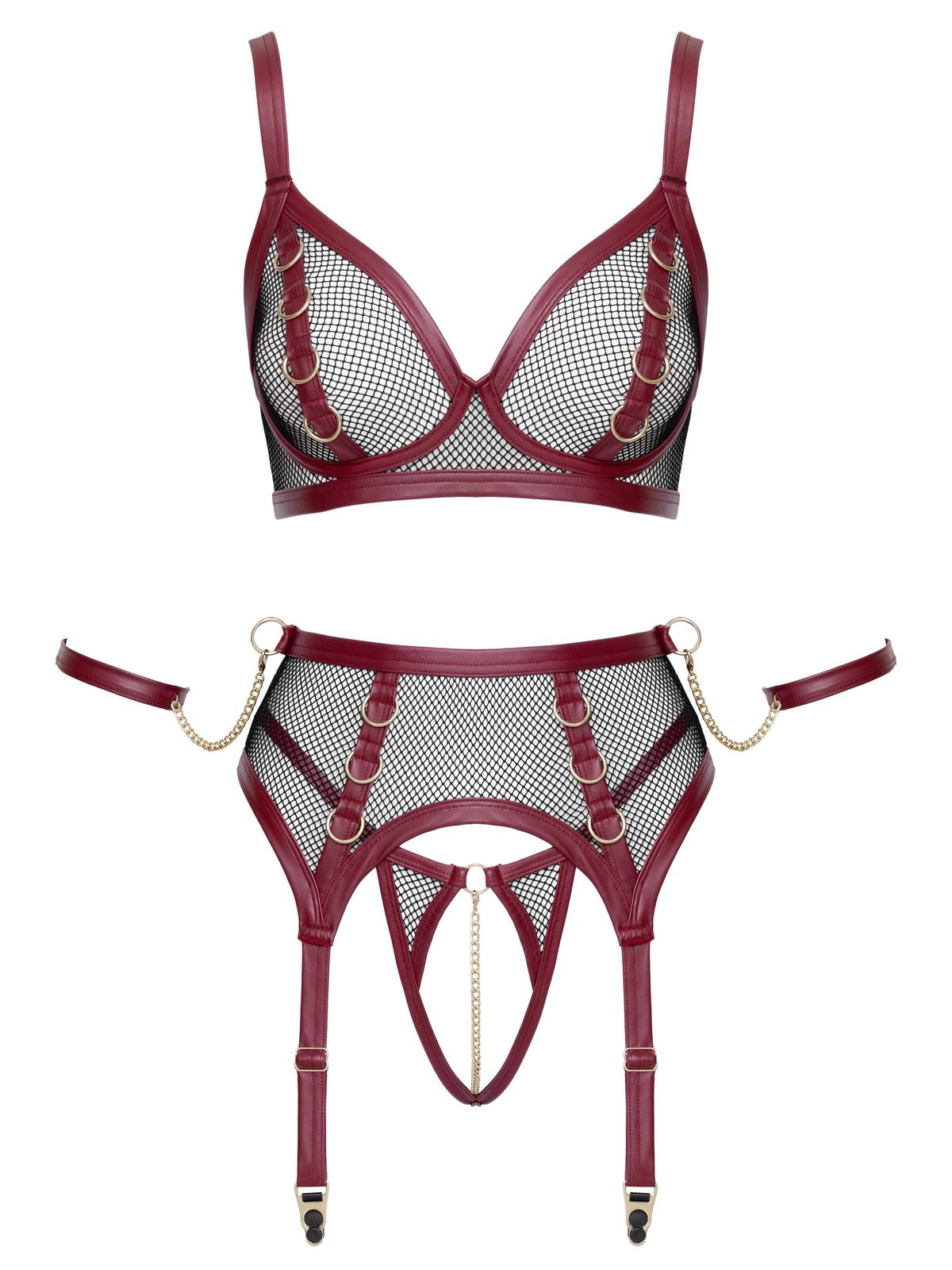 Soutien de rede, cinto de ligas e tanga de virilha aberta com corrente, com algemas, 3 peças – Vermelho escuro e preto · Cottelli BONDAGE (foto 7)
