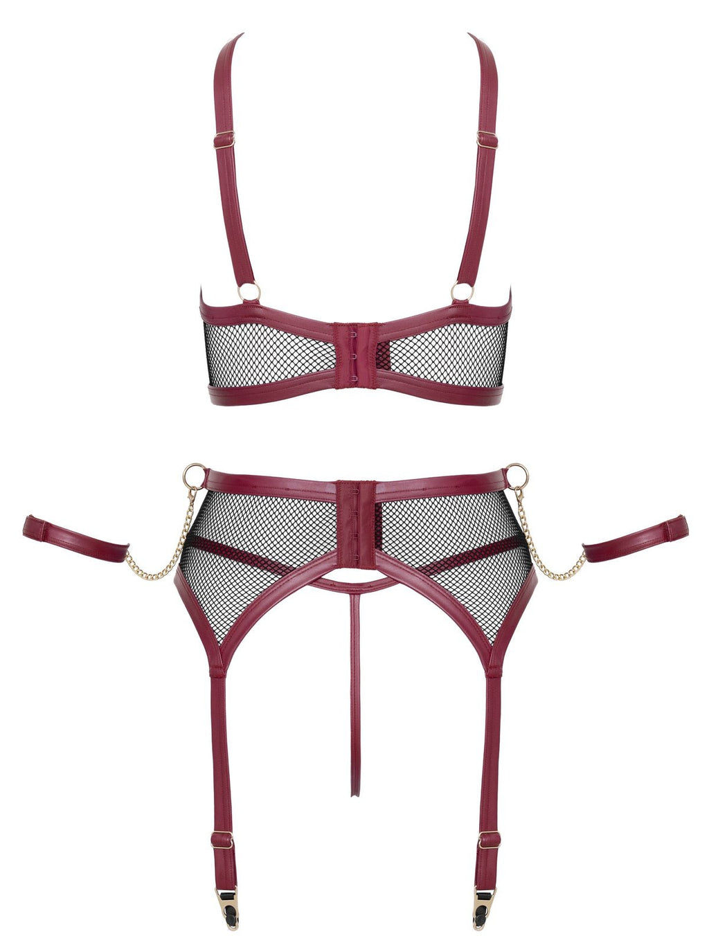 Soutien de rede, cinto de ligas e tanga de virilha aberta com corrente, com algemas, 3 peças – Vermelho escuro e preto · Cottelli BONDAGE (foto 8)