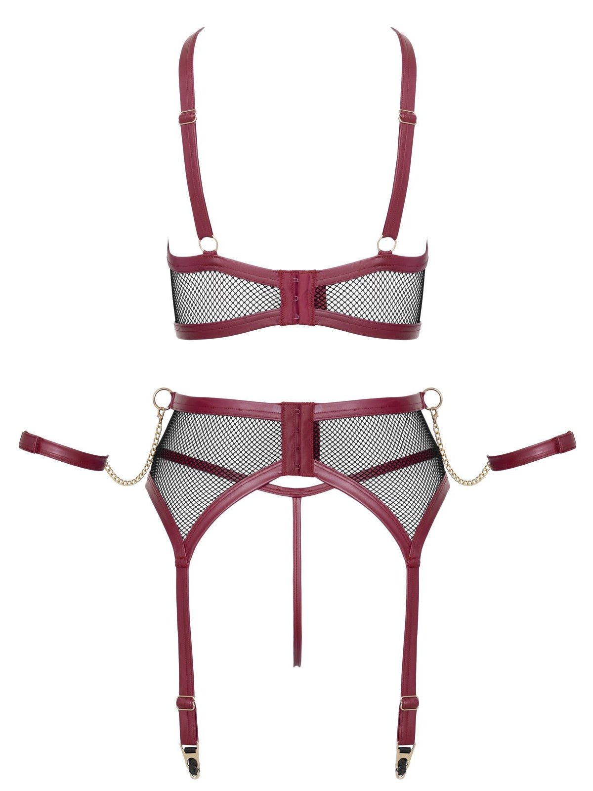 Soutien de rede, cinto de ligas e tanga de virilha aberta com corrente, com algemas, 3 peças – Vermelho escuro e preto · Cottelli BONDAGE (foto 8)