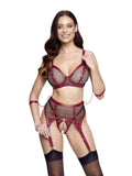 Soutien de rede, cinto de ligas e tanga de virilha aberta com corrente, com algemas, 3 peças – Vermelho escuro e preto · Cottelli BONDAGE