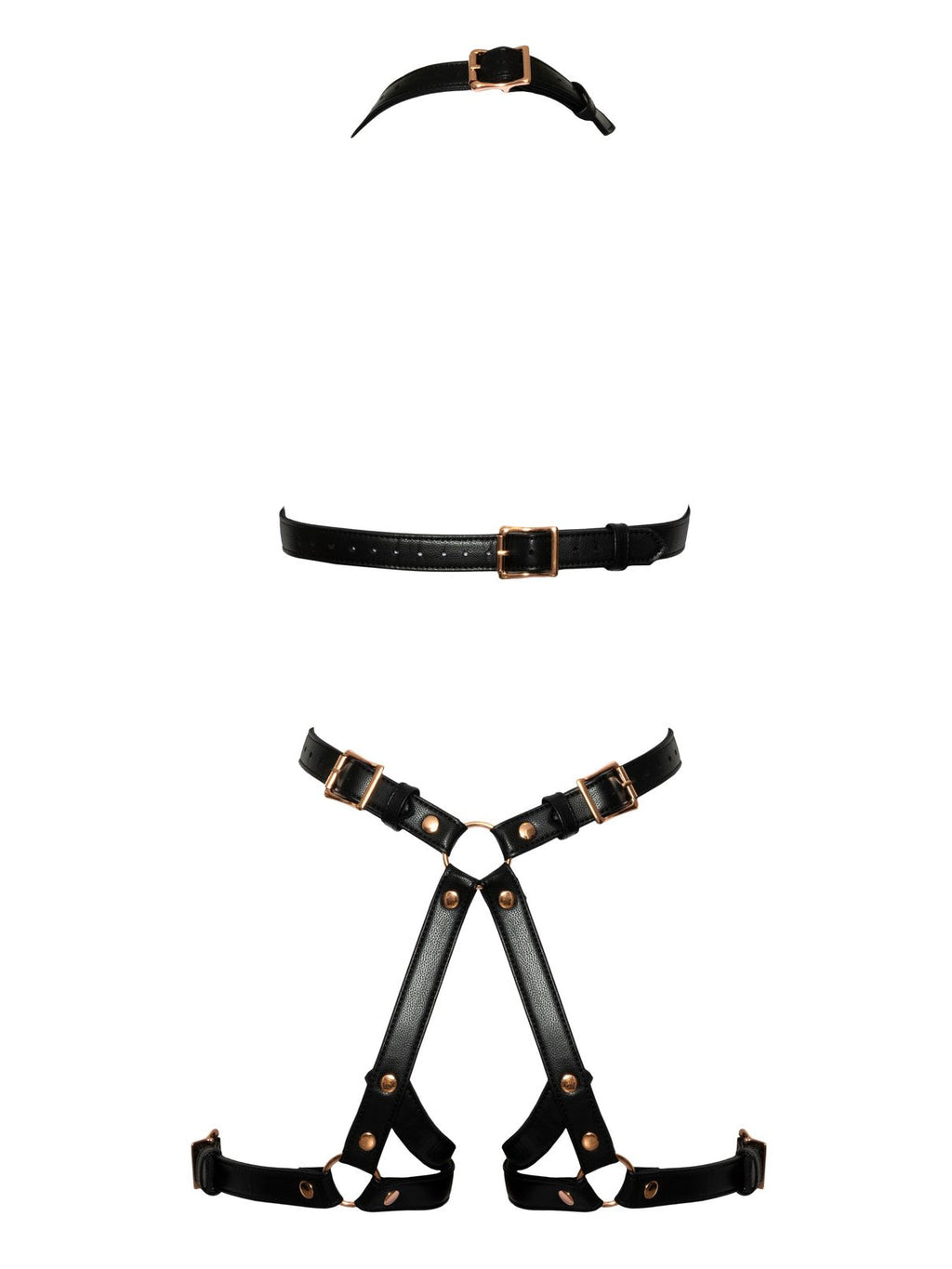 Harness de tiras com coxas, peito e virilha abertos, ferragens rosa-dourado – Preto · Bad Kitty (foto 6)