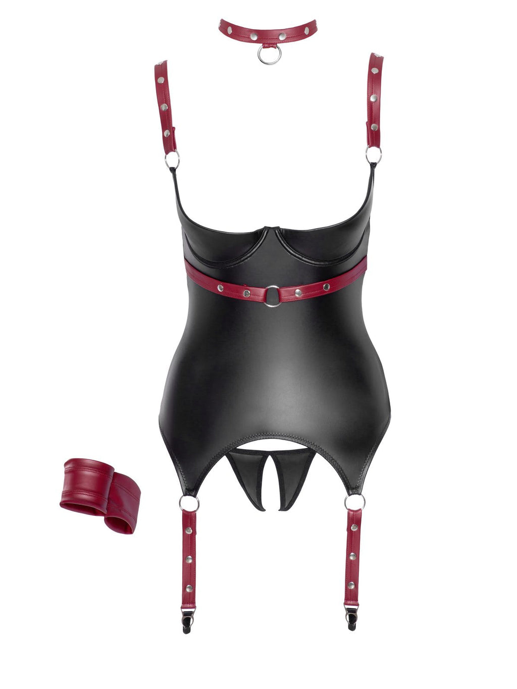 Corpete de ligas com soutien e tanga de virilha aberta, coleira e algema, 4 peças – Preto e vermelho · Cottelli BONDAGE (foto 8)