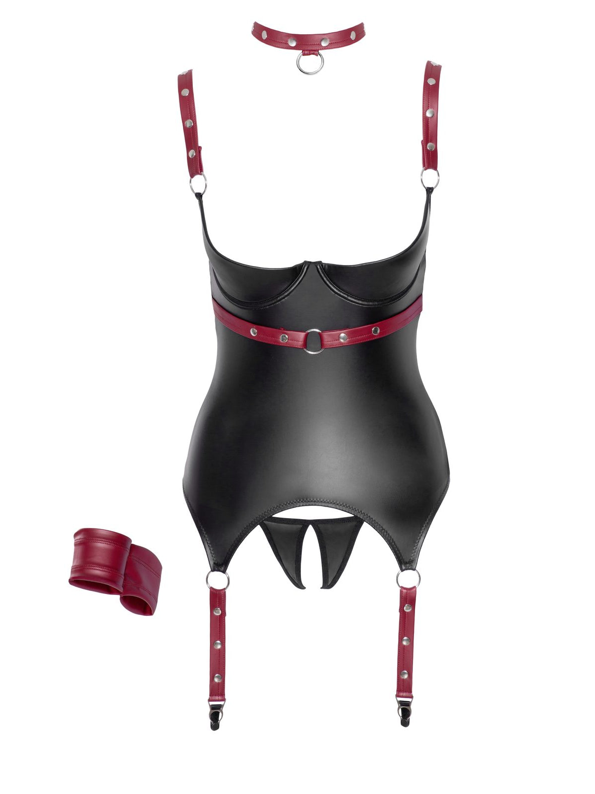 Corpete de ligas com soutien e tanga de virilha aberta, coleira e algema, 4 peças – Preto e vermelho · Cottelli BONDAGE (foto 8)