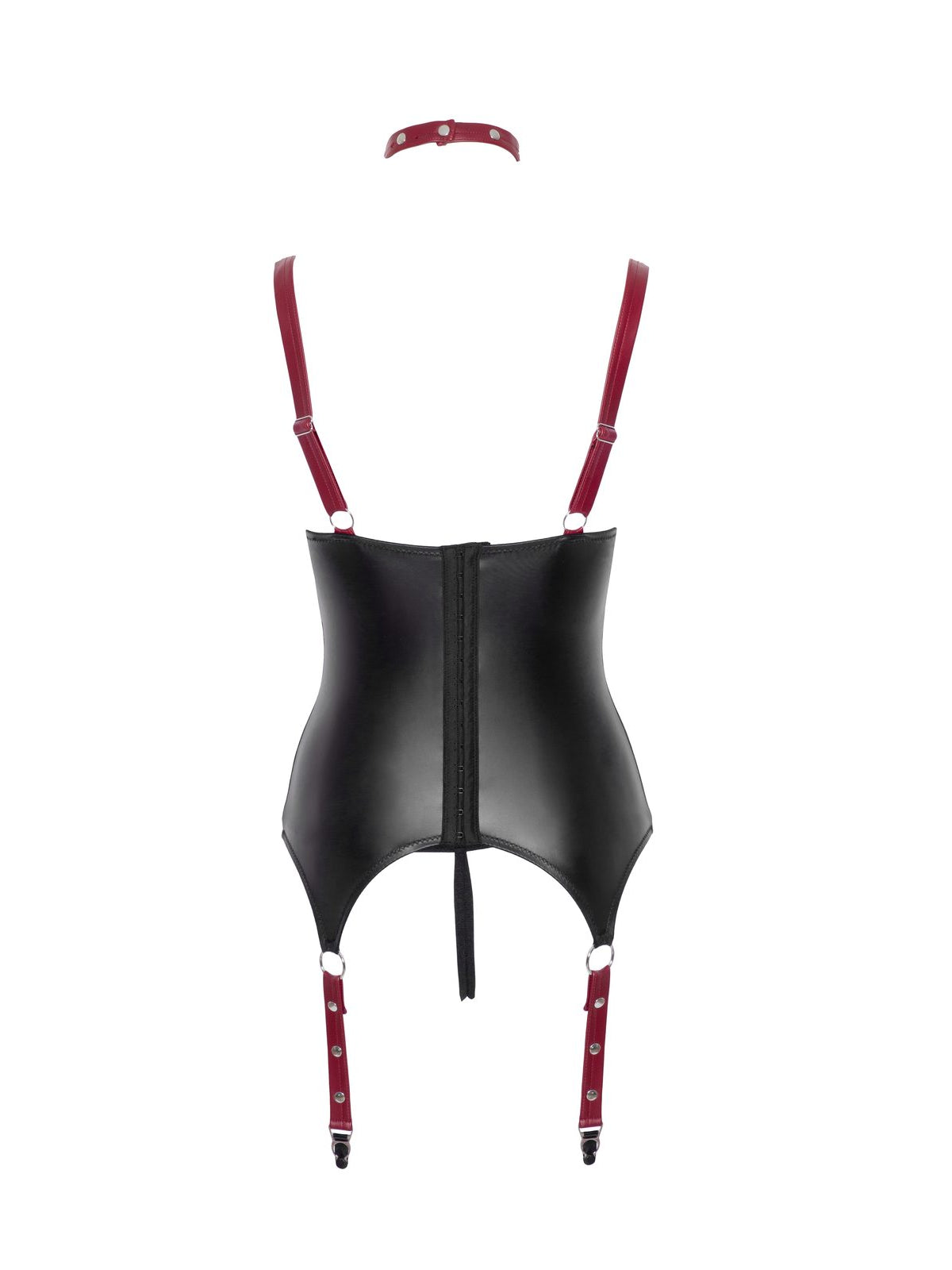 Corpete de ligas com soutien e tanga de virilha aberta, coleira e algema, 4 peças – Preto e vermelho · Cottelli BONDAGE (foto 9)