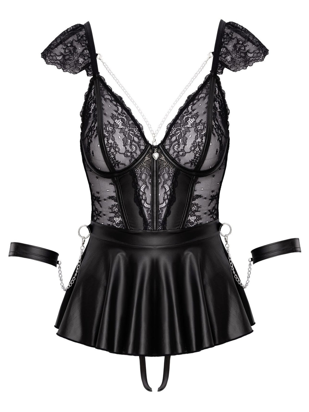 Babydoll de renda e mate com correntes, tanga de virilha aberta e algemas, 3 peças – Preto · Cottelli BONDAGE (foto 4)