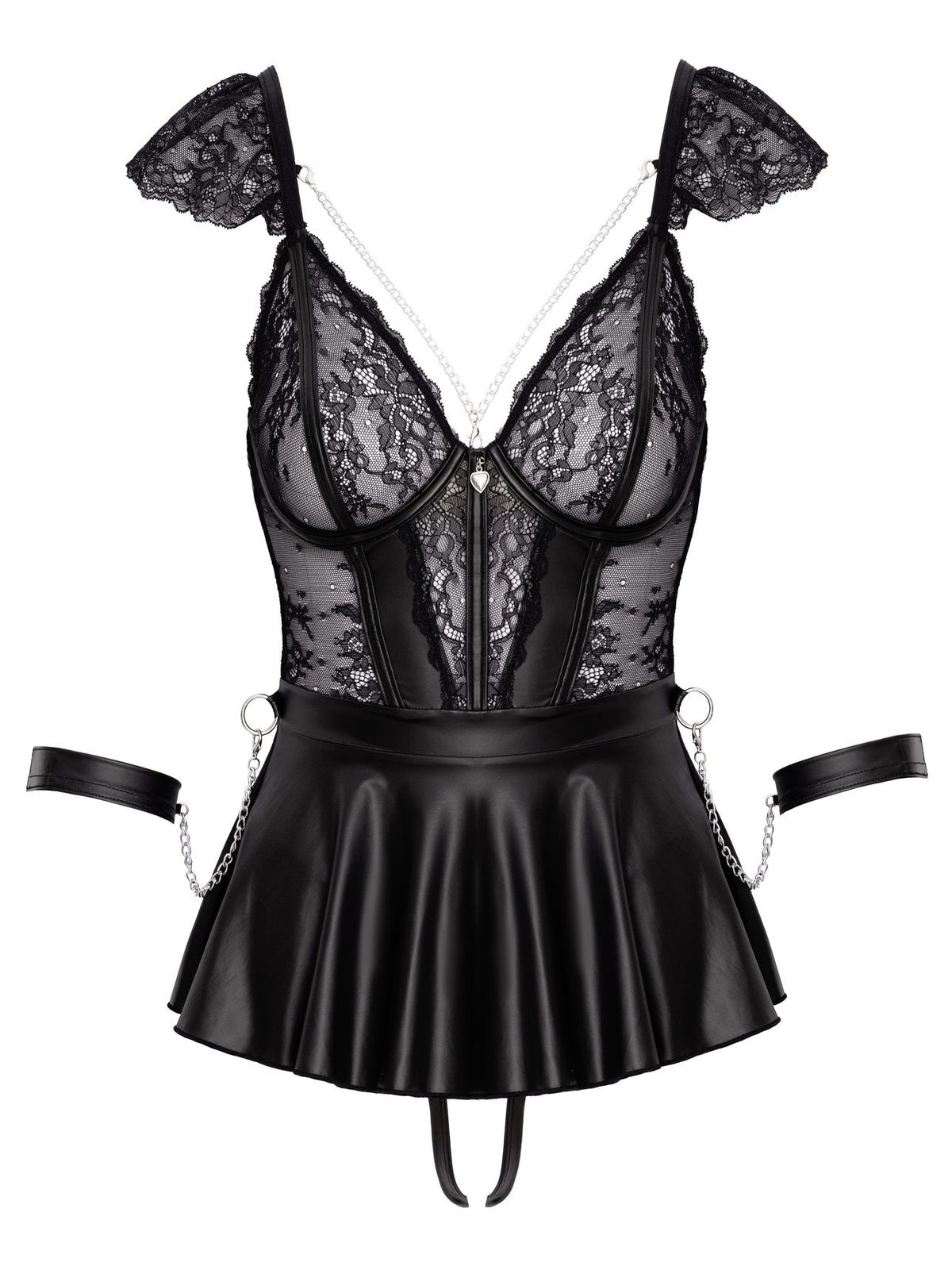 Babydoll de renda e mate com correntes, tanga de virilha aberta e algemas, 3 peças – Preto · Cottelli BONDAGE (foto 4)