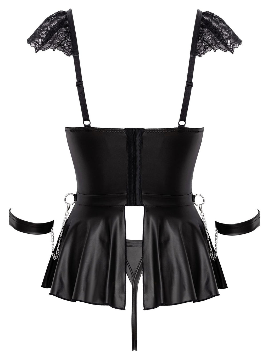 Babydoll de renda e mate com correntes, tanga de virilha aberta e algemas, 3 peças – Preto · Cottelli BONDAGE (foto 5)