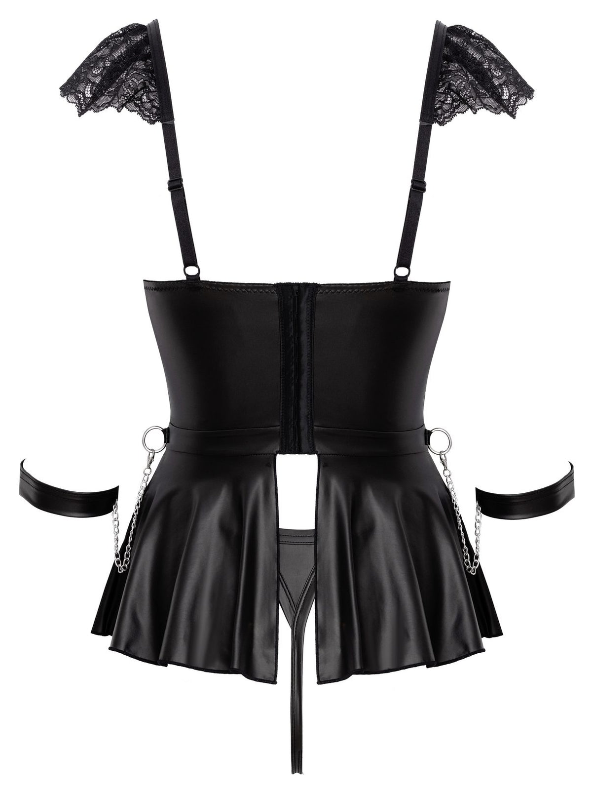 Babydoll de renda e mate com correntes, tanga de virilha aberta e algemas, 3 peças – Preto · Cottelli BONDAGE (foto 5)