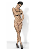 Bodystocking Obsessive N102 – vestido, visto de frente: rede preta de losangos largos dos ombros aos pés