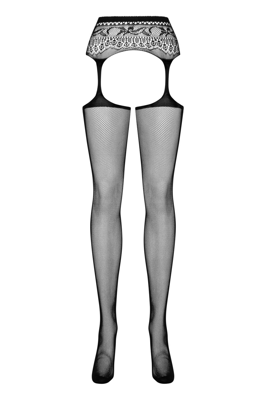 Meias com cinto de liga integrado Obsessive S307 – desenho da peça vista de FRENTE, esticada: cós de renda e tiras largas até às meias