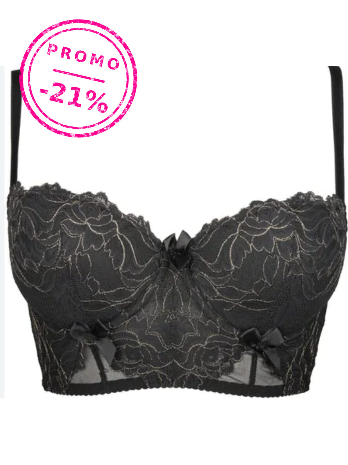 Soutien bustier de renda Plus Size – Preto com bordado dourado (90D)